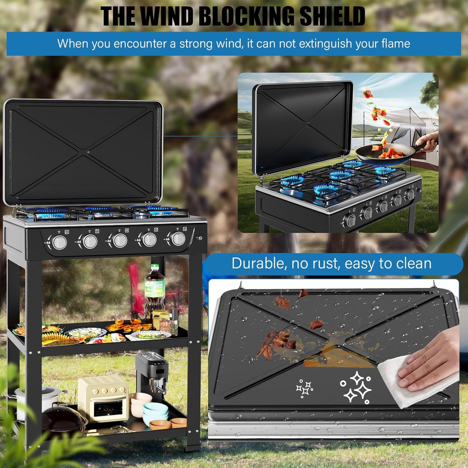 Propane Gas Stove,5 Burner Propane Burner,Auto Ignition Camping Stove with Support Leg Stand and Wind Blocking Cover Adapter, Portable Gas Stove for RV, Outdoor Cooking, Apartment