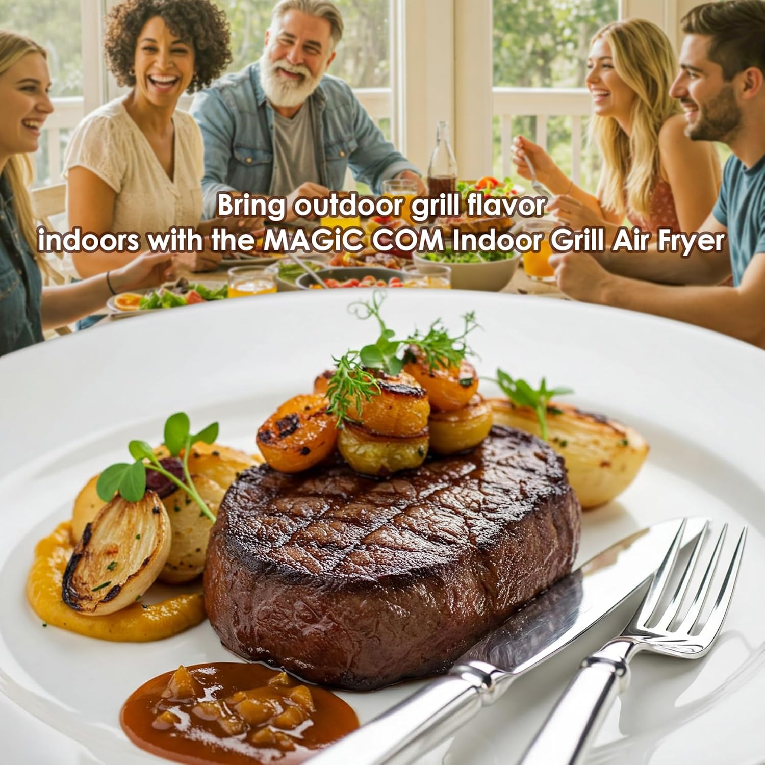 MAGiC COM Indoor Grill Air Fryer Combo, 7-in-1 Electric Grill with Steak, Roast, Air Crisp, Bake, Dehydrate, Pizza and Reheat. Smart Thermometer, Non-Stick, Dishwasher Safe/Black