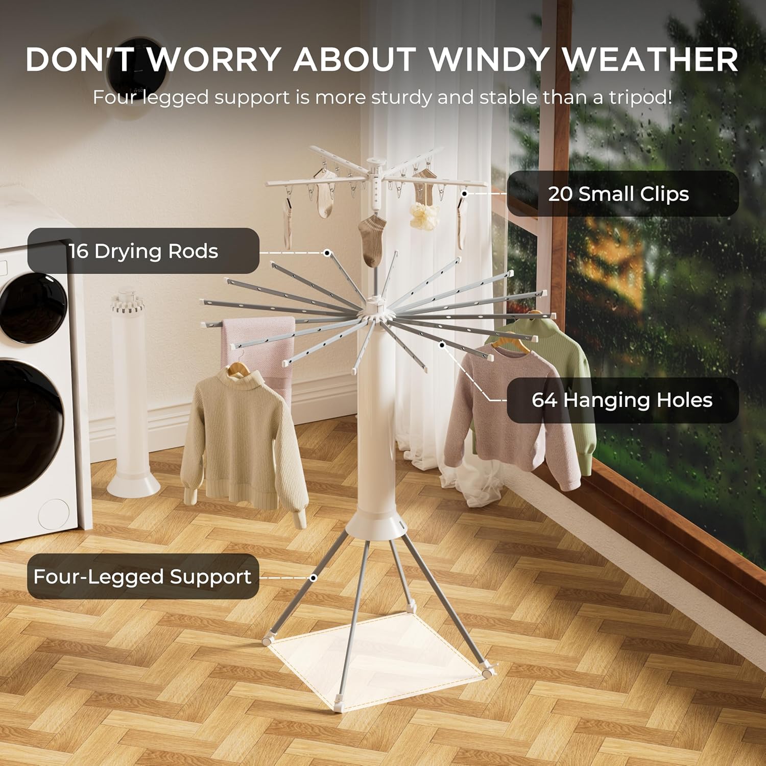 Clothes Drying Rack Foldable, 4-Legged Double Dryer Rack with 20 Clips, Laundry Drying Rack with 4 Pulleys, Portable Drying Rack Clothing, Collapsible Indoor Hanging Dry Rack for Clothes, Socks, Towel