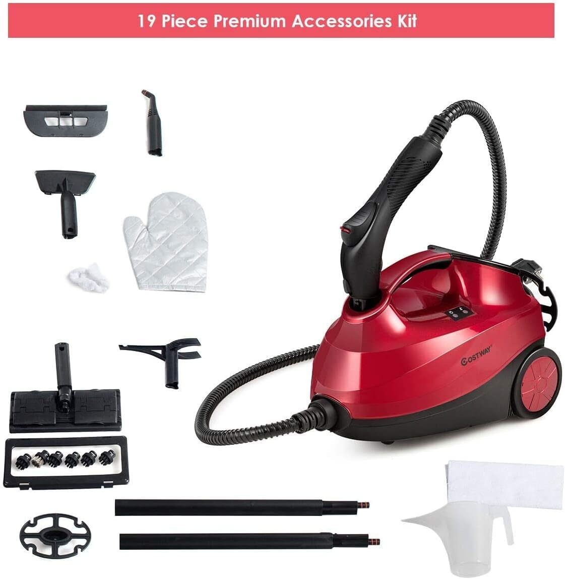 LDAILY 2000W Steam Cleaner with 19 Accessories, 1.5L Tank, Extra-Long Power Cord, Chemical-Free Pressurized Cleaning, 2000W Multi-Purpose Steam Cleaning System, or Floors, Cars, Home Use (Red)