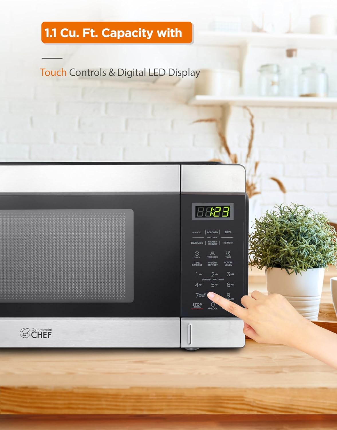Commercial CHEF Countertop Microwave, 1.1 Cubic Feet, Black With Stainless Steel Trim