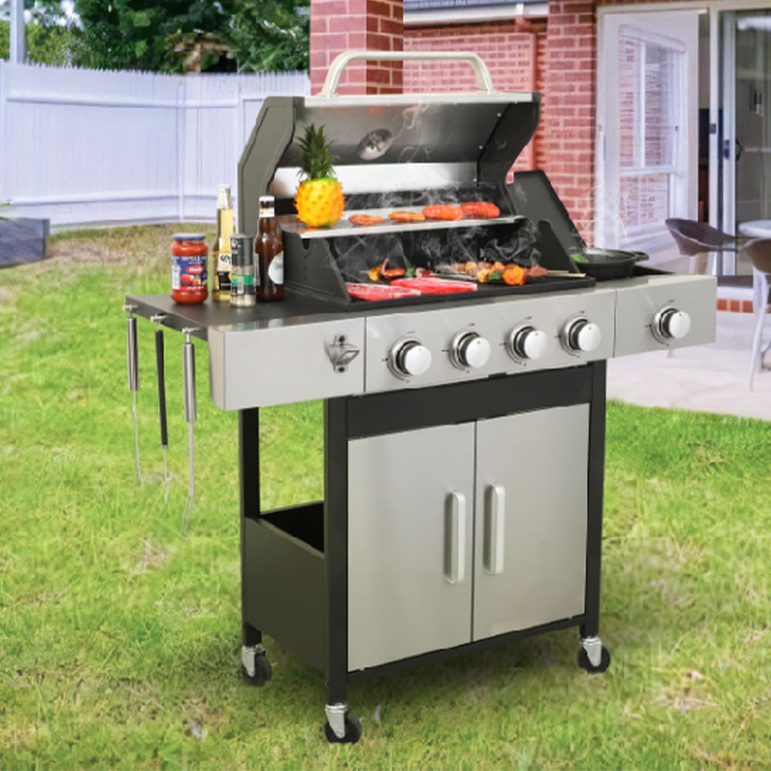 4 Burner Propane Gas BBQ Grill with Side Burner, Patio Garden Barbecue Grill with Enameled Cast Iron Cooking Grids, Stainless Steel BBQ Grill for Outdoor Cooking Kitchen and Patio Backyard Barbecue