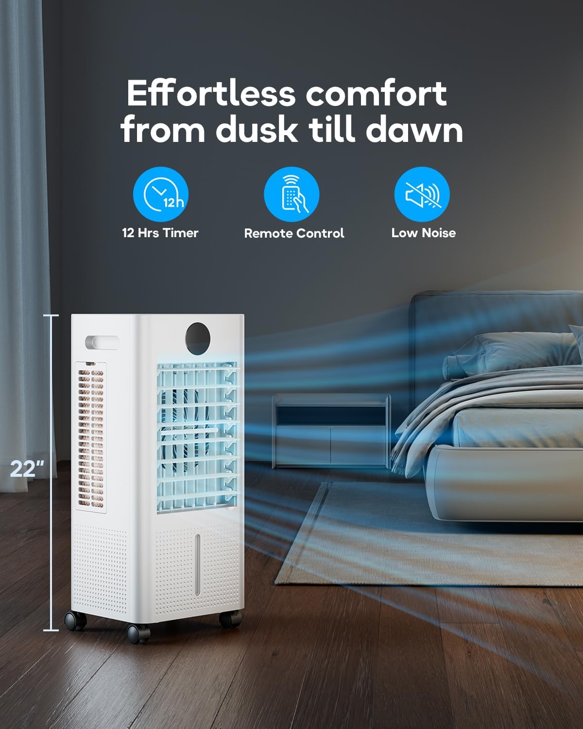 Portable Air Conditioner, Evaporative Air Cooler Windowless with Remote, 3 Speeds, 12H Timer, Oscillating Swamp Cooler for Bedroom, Living Room, White