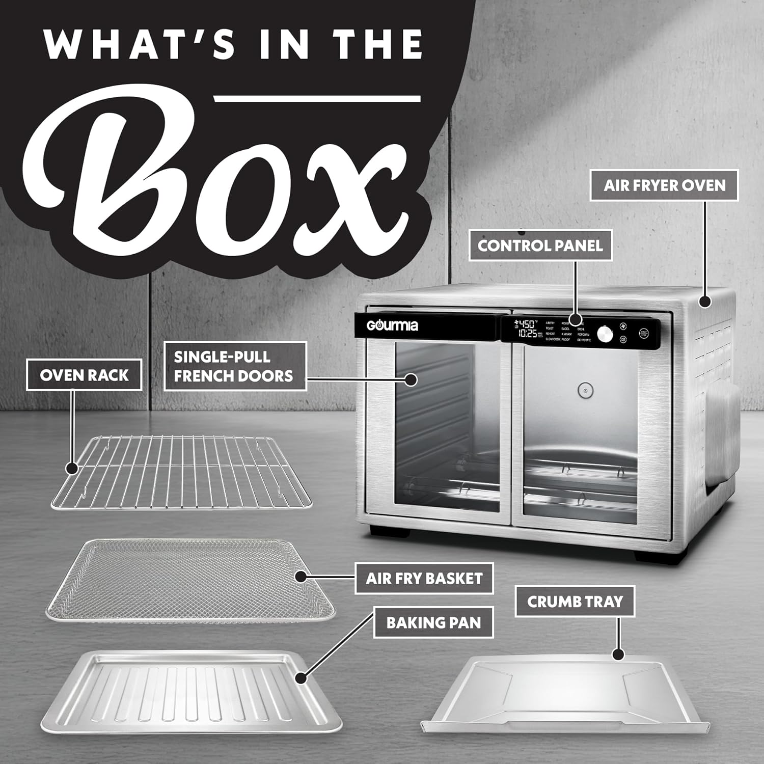 Gourmia French Door Air Fryer Oven - 37 Qt Large Capacity Convection Toaster Oven, FryForce 360°, Digital Display, 12 Cooking Presets, Dehydrate, Fits 13” Pizza, Dishwasher-Safe, Stainless Steel