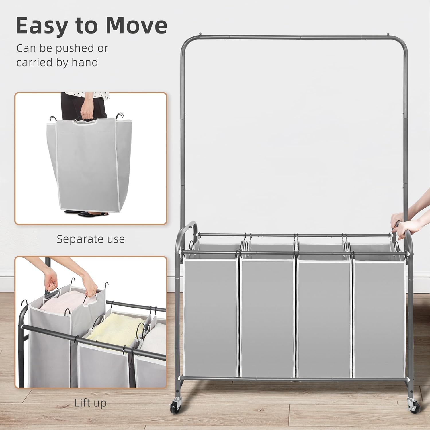 STORAGE MANIAC Laundry Sorter with Hanging Bar, Portable, Removable Laundry Hamper Cart with Heavy Duty Rolling Lockable Wheels and Removable Bags, Rolling Laundry Basket Organizer 181L, 4 Section