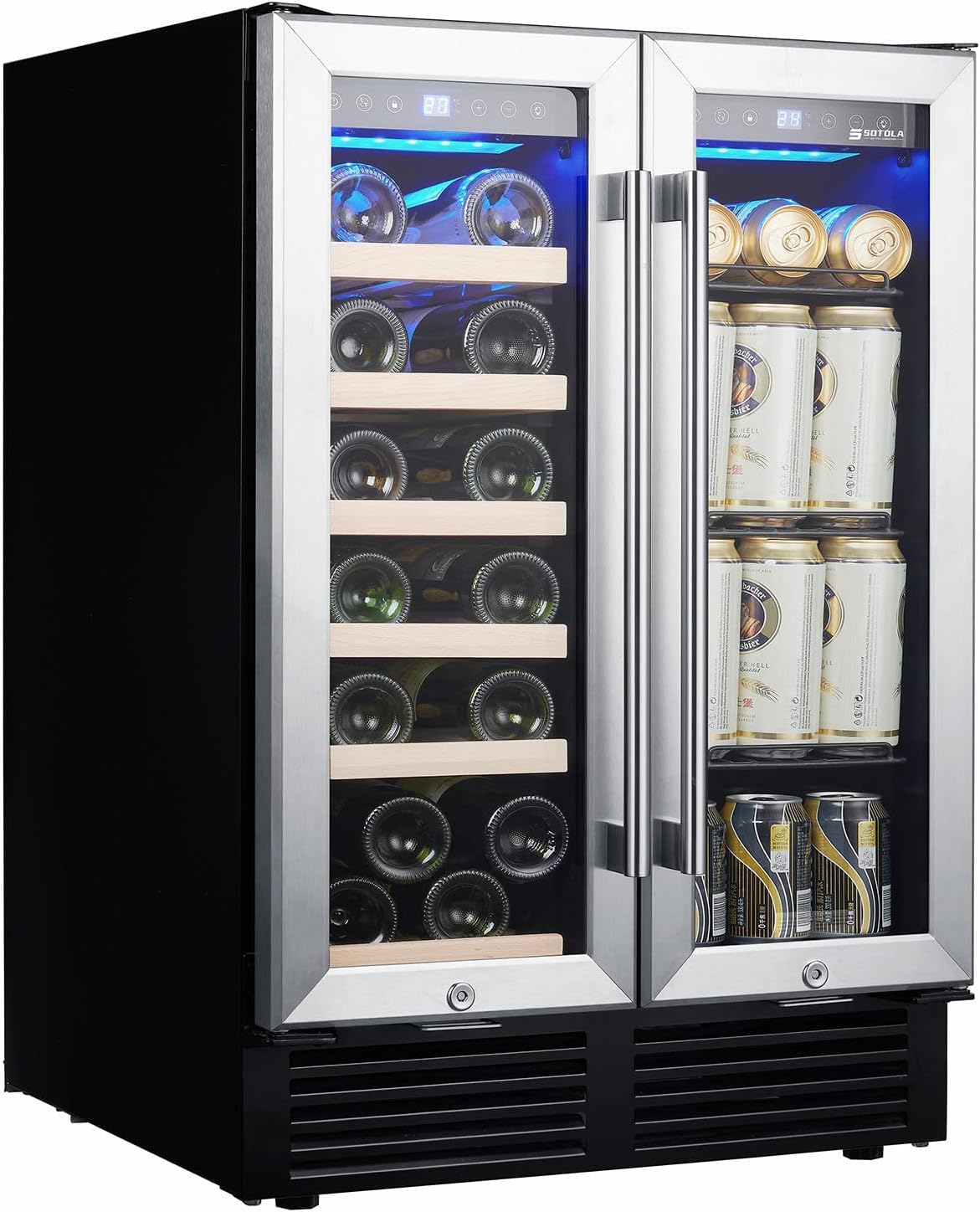 24'' Wine Cooler Refrigerator, Dual Zone Built-in or Freestanding Wine Cooler with Double Glass Door, Mini Quietly Fridge with Compressor, Keeps 19 Wine Bottles and 57 Cans Beverages