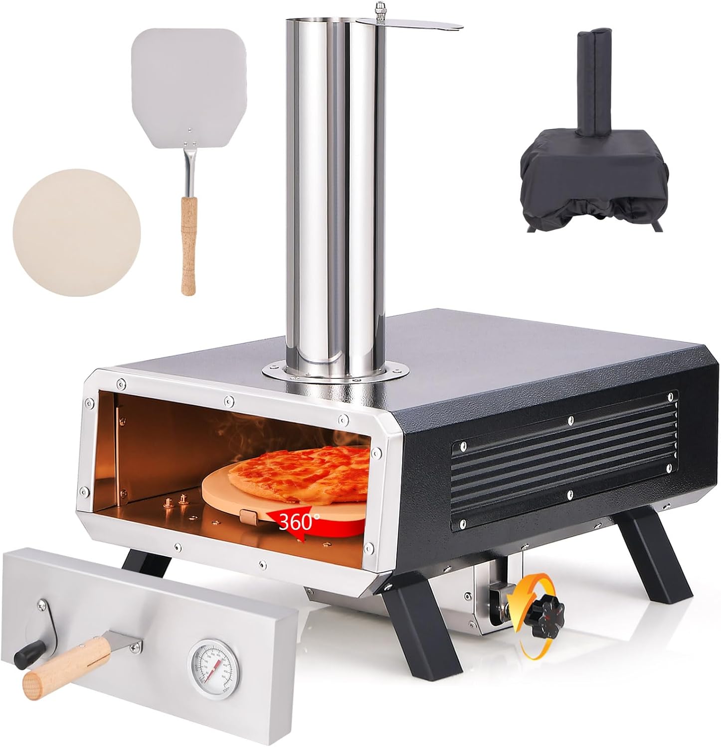 HAPPYGRILL Outdoor Pizza Oven with Rotatable Pizza Stone, Wood Fired Pizza Maker with Pizza Peel, Thermometer & Rain Cover, Countertop Stainless Steel Pizza Stove for Camping Picnic Party