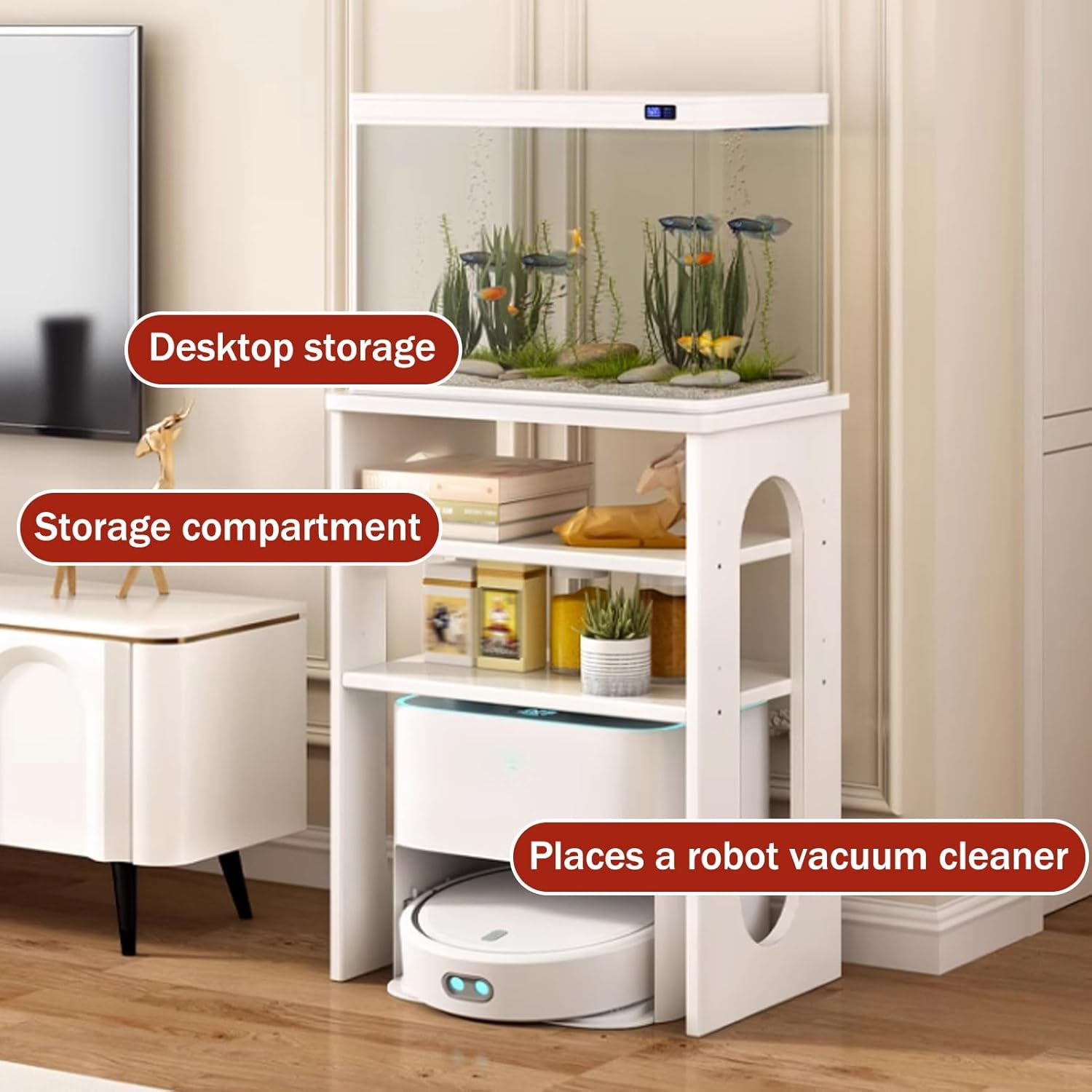 Robot Vacuum Hidden Storage Cabinet, Robot Vacuum Stand Cabinet, Wood Storage Rack Above The Sweeping Robot, Hidden Open Storage Shelves, Side Table Storage Cabinets(Natural,3-Tier)