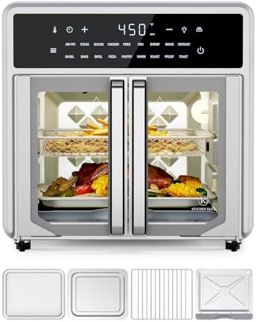 Kitchen Elite Air Fryer French Door Oven,15.8 Qt Toaster Oven Countertop Combo,18 Presets & 1 Preheat & Light, Airfryer Basket,Wire Rack,Baking Pan,Crumb Tray,Compact Design,Stainless Steel,Small