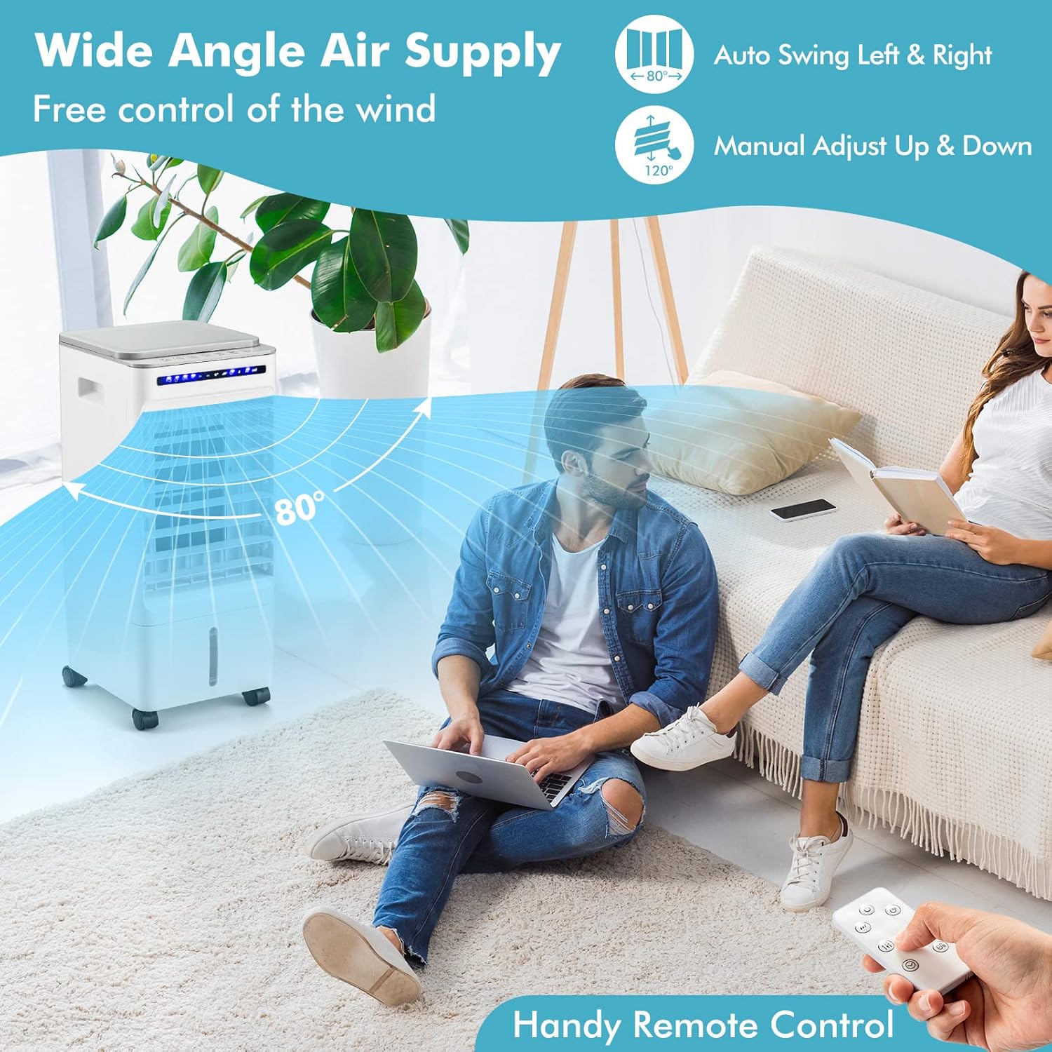 Evaporative Air Cooler, 3 in 1 Air Conditioner Fan with 3 Modes & 3 Speeds, Remote & 7H Timer, 80° Oscillation, Negative Oxygen Ion Function, Water Tank, Swamp Cooler for Home Office Dorm