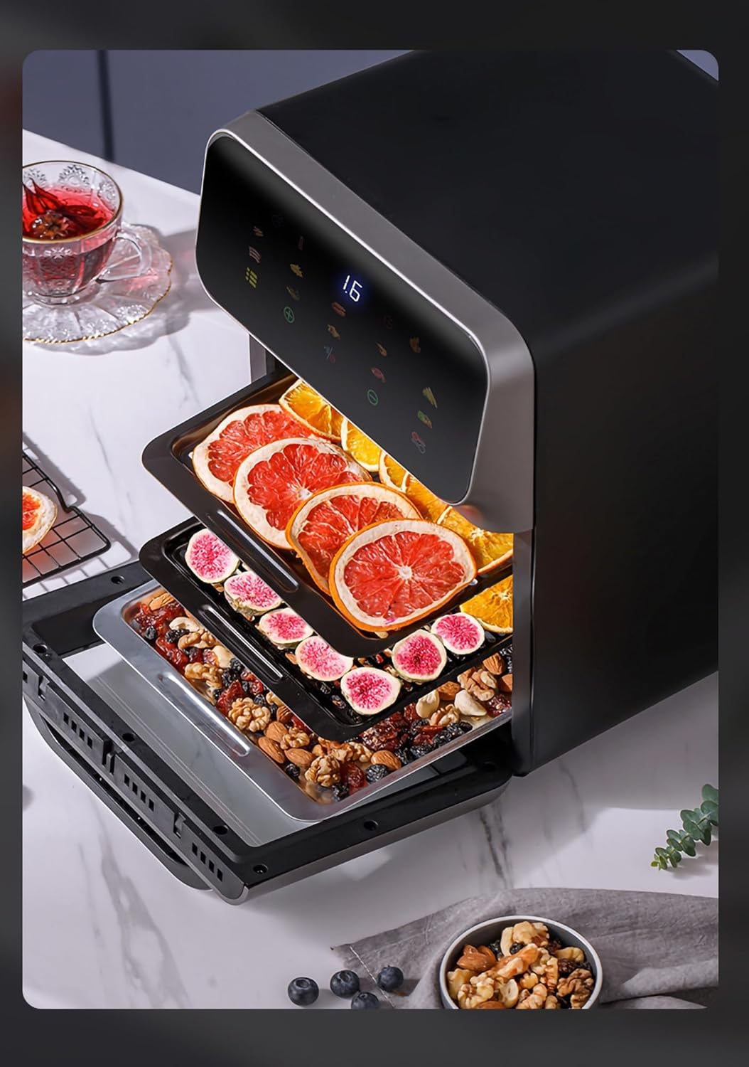Convection Oven with Built-in baking light, 1500W 16L Air Fryer Combo for Grill/Pizza/Baking/Dried Fruit, Top and bottom triple bake, 60min free timer