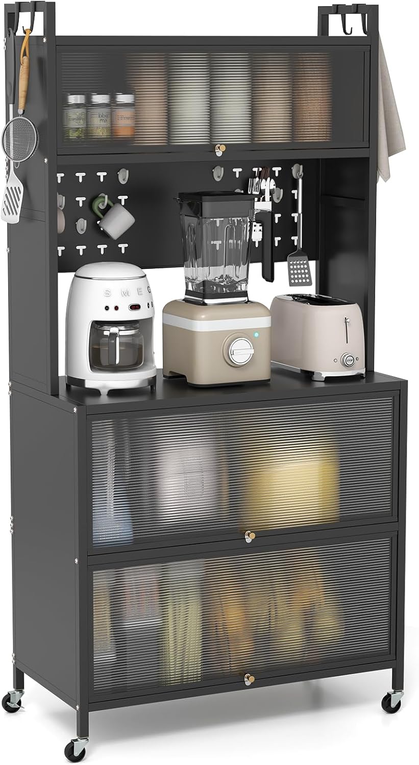 Giantex 5 Tier Rolling Kitchen Bakers Rack with Wheels, Microwave Stand with Flip Door Storage Cabinets, Pegboard & Hooks, Adjustable Foot Pads, Standing Pantry for Home Coffee Bar (Black)