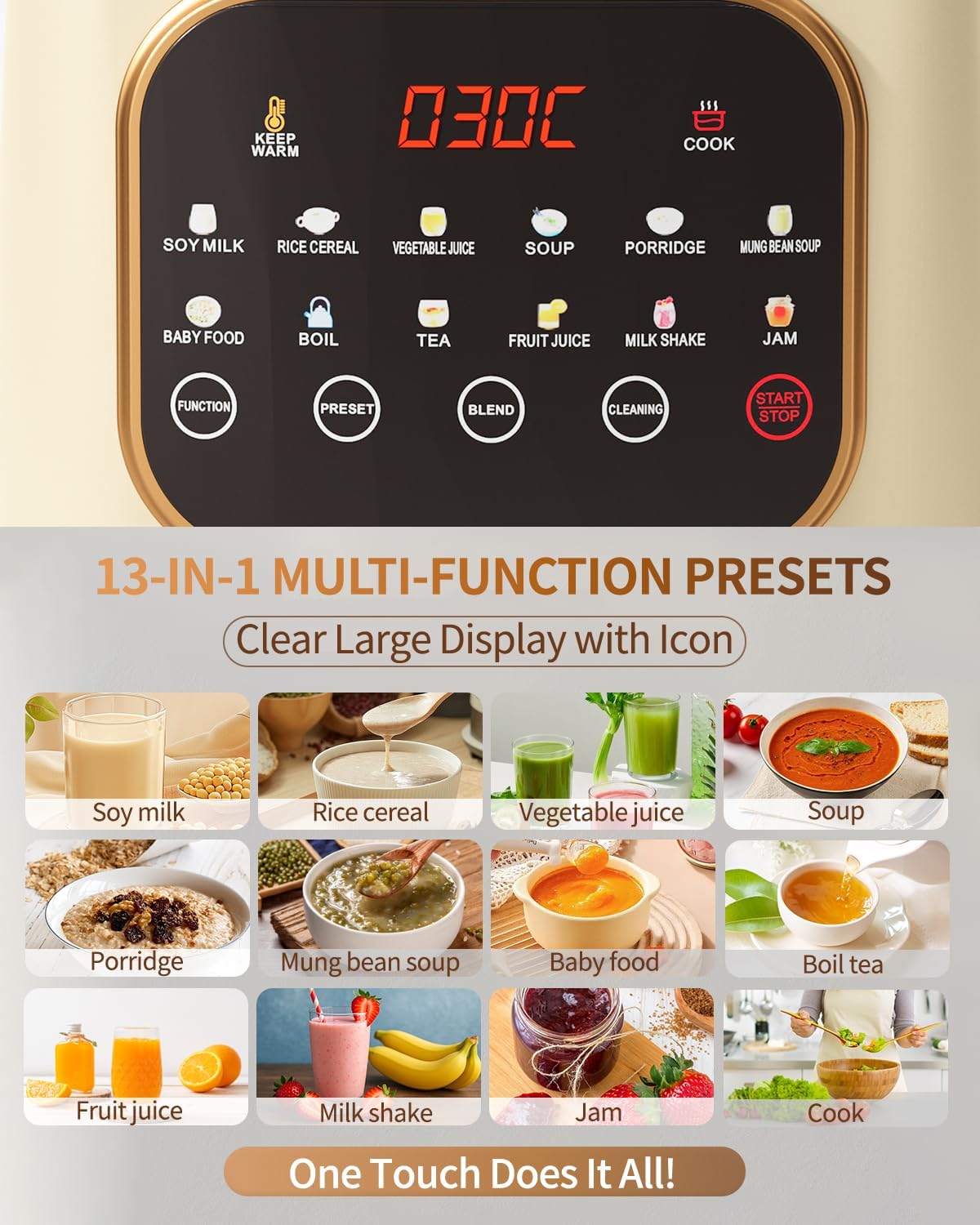 13-IN-1 Multifunctional Ultra Silent Cooking Blender with Soundproof Shield | 60oz | 24H Preset & Kee Warm for 6 Hours| Makes Smoothie, Soy Almond Milk, Juice, Soup, Porridge, Boil, Tea, Jam etc