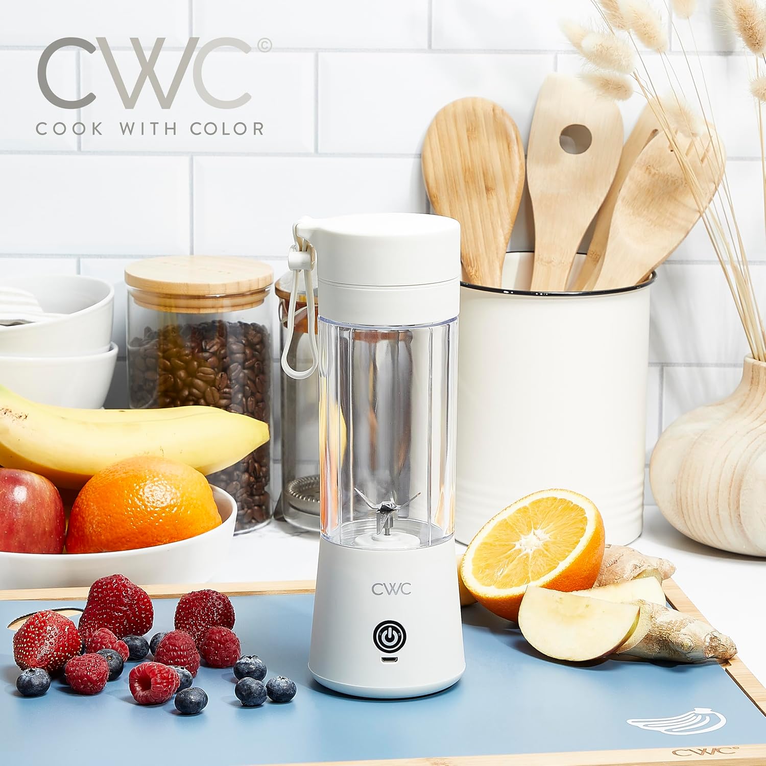 COOK WITH COLOR Mini Portable Blender - 250W Power, 12oz Capacity, Stainless Steel Blade, Wireless/USB Rechargeable, Creme
