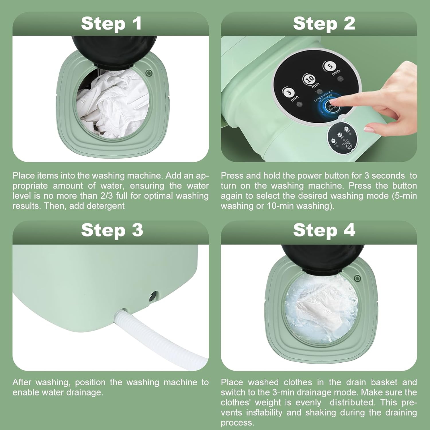 Mini Portable Washing Machine, 9L Foldable Washer with 3 Modes, Ideal for Baby Clothes, Underwear, Socks, Space-Saving Design for Home, Apartment, Hotel, Camping & Travel (Green)