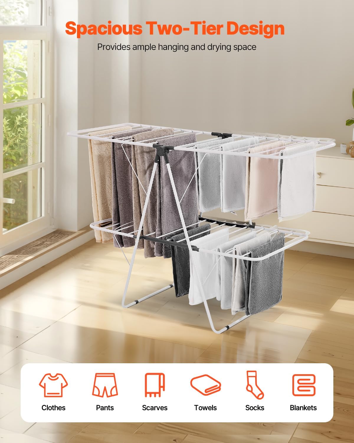 VEVOR Clothes Drying Rack, 2-Tier Foldable Laundry Dryer Rack with Sock Clips & 31 Dry Rods, Metal Height Adjustable Drying Racks for Outdoor & Indoor, Free-Standing & Space-Saving Hanger, White