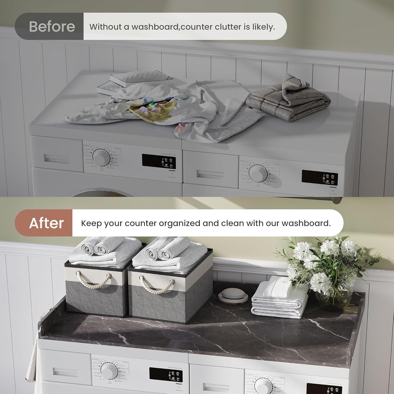 Washer Dryer Countertop – 54 x 27.6 Non-Slip Laundry Topper for Front-Load Washers & Dryers | Metal Hooks & Edge Rails | Includes 2 Storage Baskets for Organization