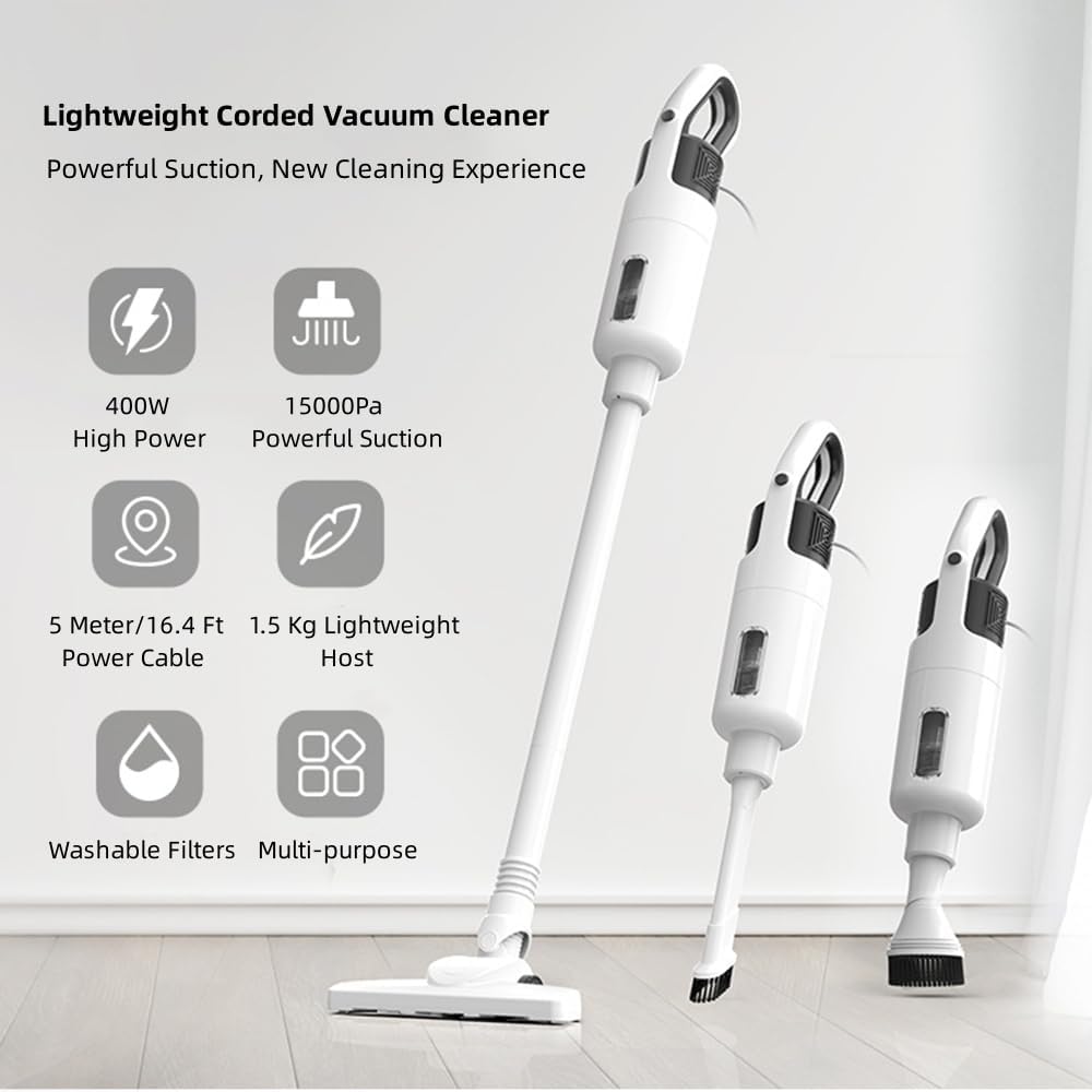 Lightweight Stick Vacuum Cleaner with HEPA Filter, 15000pa Powerful Suction Handheld Vacuum Corded Upright Vacuum Cleaner with Attachment, 400W Household Stick Vacuum for Pet Hairs Hardfloor