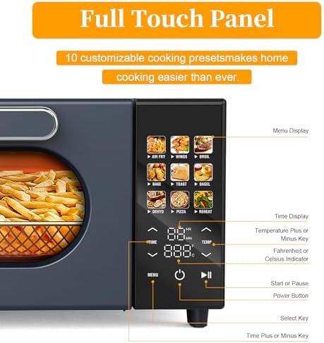 SEEDEEM 10-in-1 Air Convection Toaster Oven, 15L Convection Toaster Oven Cooker with Color LCD Display and Touch Screen, Toaster, Air Fryer, Dehydrate, 4 Accessories Included, 1800W, Ash Gray