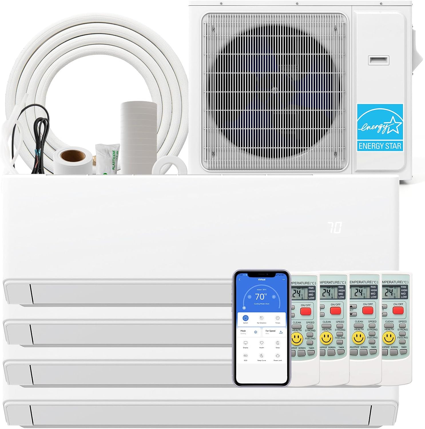 SIMOE Quad 4 Zone 36K BTU (7K 7K 7K 12K) Wifi Enabled Mini Split Air Conditioner Heat Pump, 23 SEER2, 208-230V, Heat Lower as -13℉, Ductless Wall Mounted Inverter AC with Installation Kits