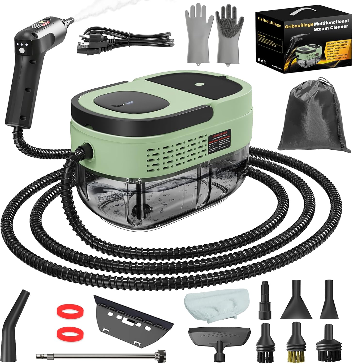 Handheld Steam Cleaner for Home, 2500W High Temperature Pressurized Machine, 1.6L Water Tank, Handle-Controlled Steam Output, Portable Cleaning Steamer for Car, Bed Bugs, Furniture, Grout (Green)