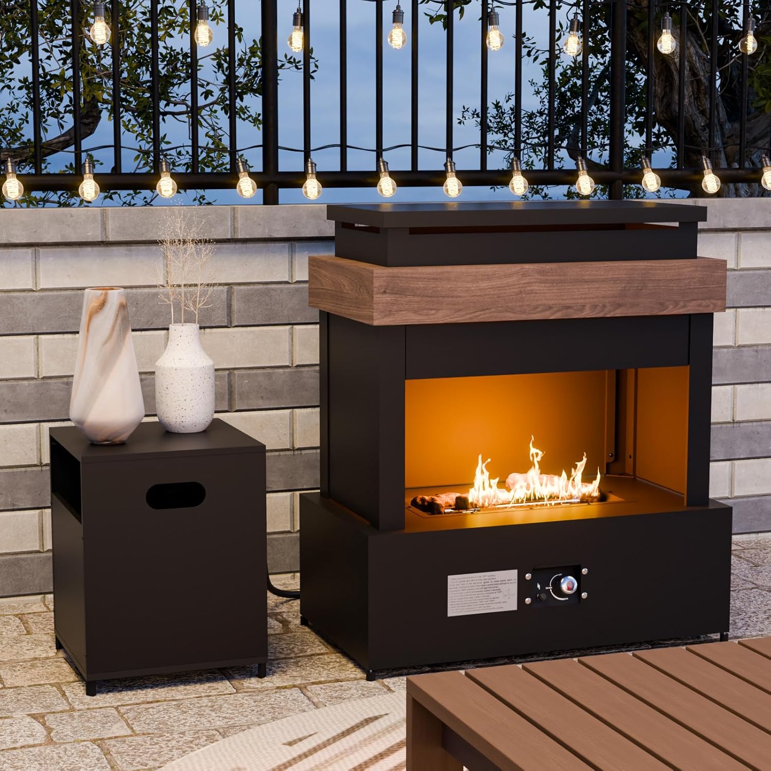 COOS BAY Outdoor Propane Fireplace Firepit, 50,000 BTU Adjustable Flame Chiminea Patio Heater with Tank Storage, Smokeless Gas, Ceramic Log, Modern Metal, 35.4''x22''x40.6'', Gray/Tan
