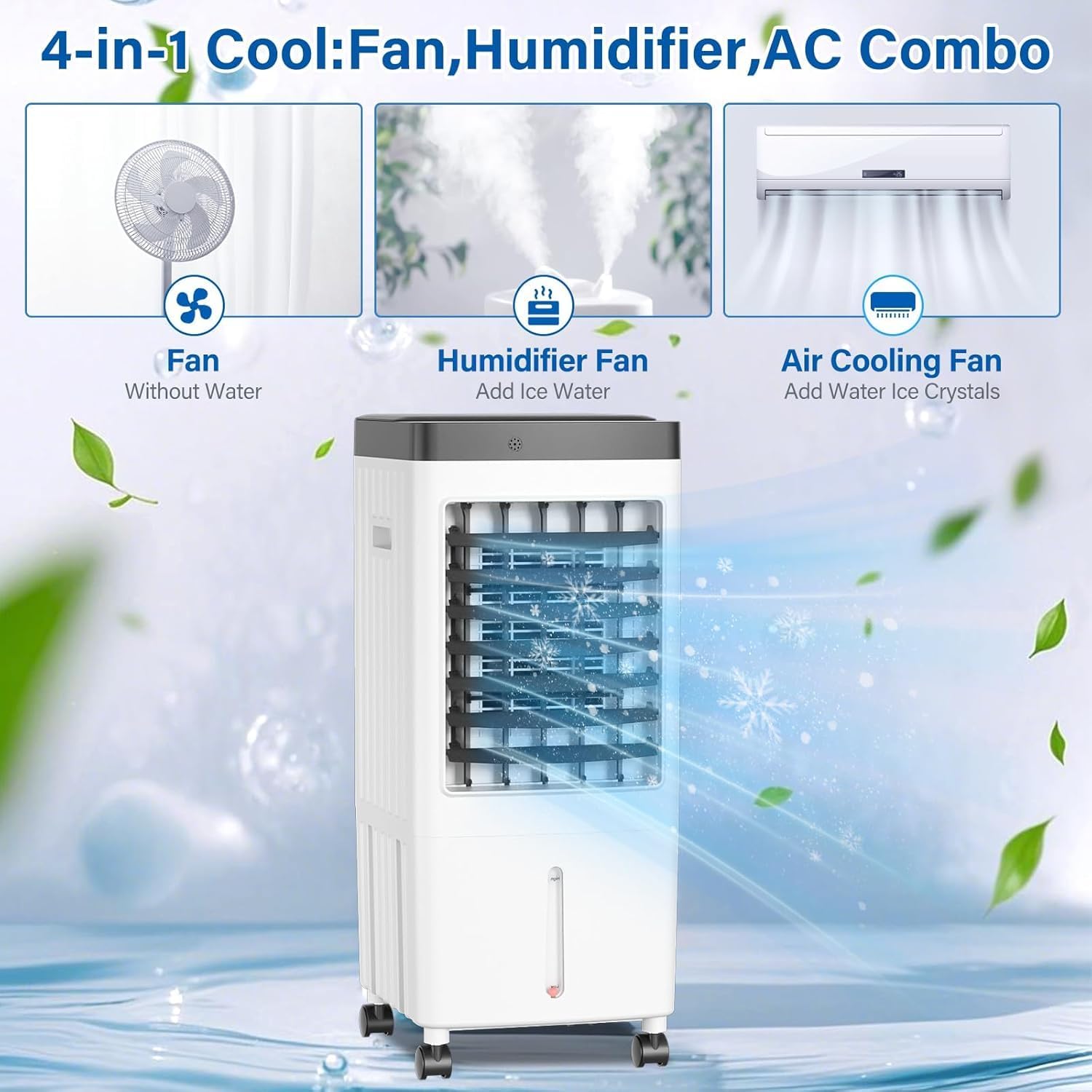 Swamp Cooler, Evaporative Air Cooler with 6 Ice Packs, Swamp Cooler Air Conditioner with 3 Gal Water Tank, 3 Speeds, 80° Oscillation, Portable Air Conditioners Alternative for Room Home Office（White)