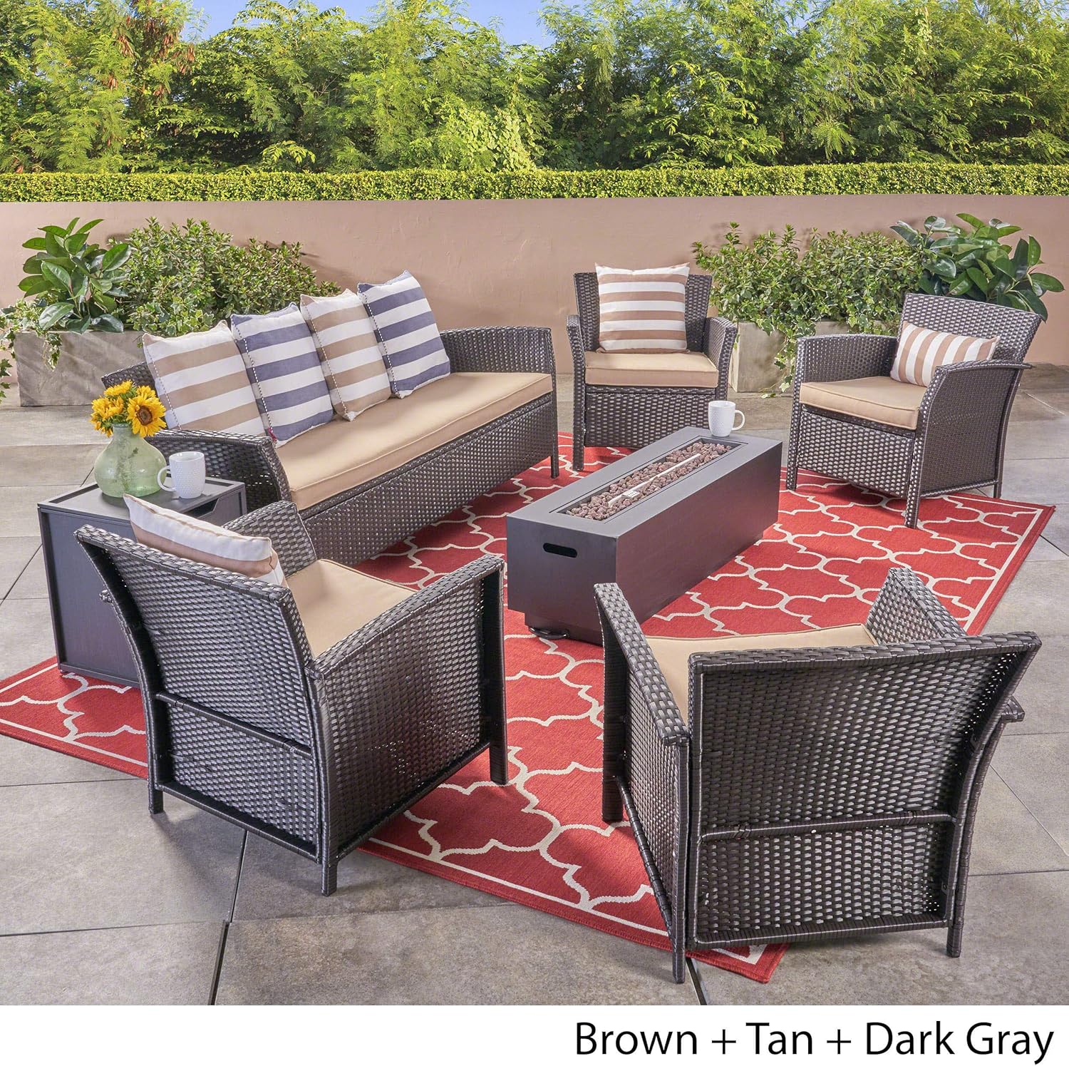 Great Deal Furniture GDFStudio Outdoor 7 Seater Wicker Chat Set with Fire Pit, Brown and Tan and Dark Gray