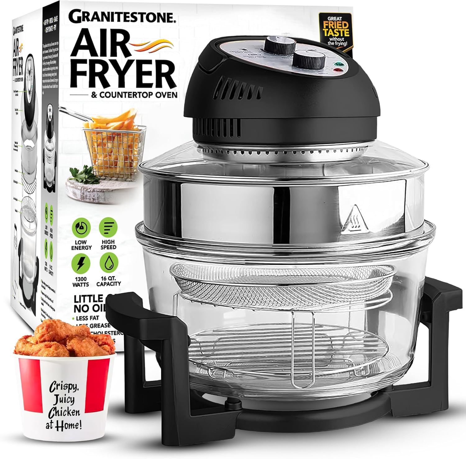 Big Boss 16Qt Extra Large Glass Air Fryer Non Toxic – Family Sized 4 in 1 Cooker with 3 Cooking Sections, Stainless Steel Racks for French Fries, Chicken, No Preheat, Self Cleaning, Dishwasher Safe