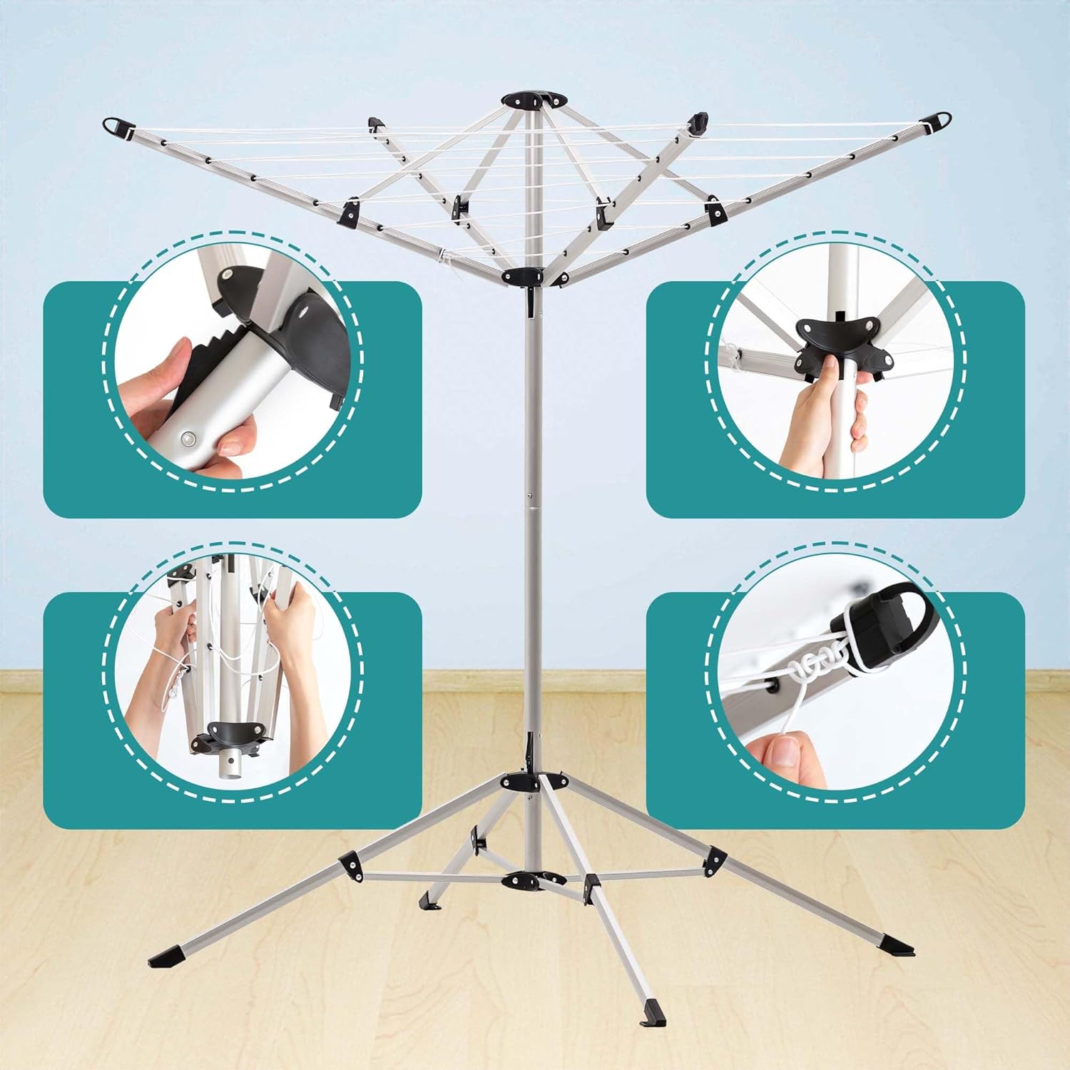 JS HANGER Indoor and Outdoor Portable Clothes Drying Rack with 4 Rotatable Arms for Hangers, 4 Legs, Collapsible Umbrella Laundry Air Dryer with 65 ft. of Hanging Space - Silver