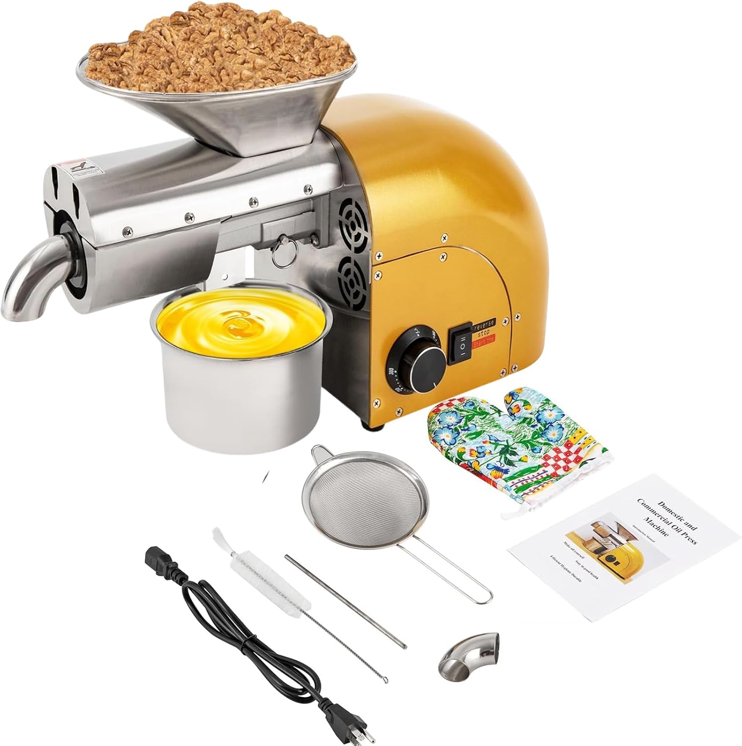 110V Oil Press Machine, Commercial Electric Oil Expeller, 1800W Cold Hot Stainless Steel 572°F Oil Extractor Type Brushless Industrial AC Motor Small Appliance w/Disconnecting Rod, Oven Glove