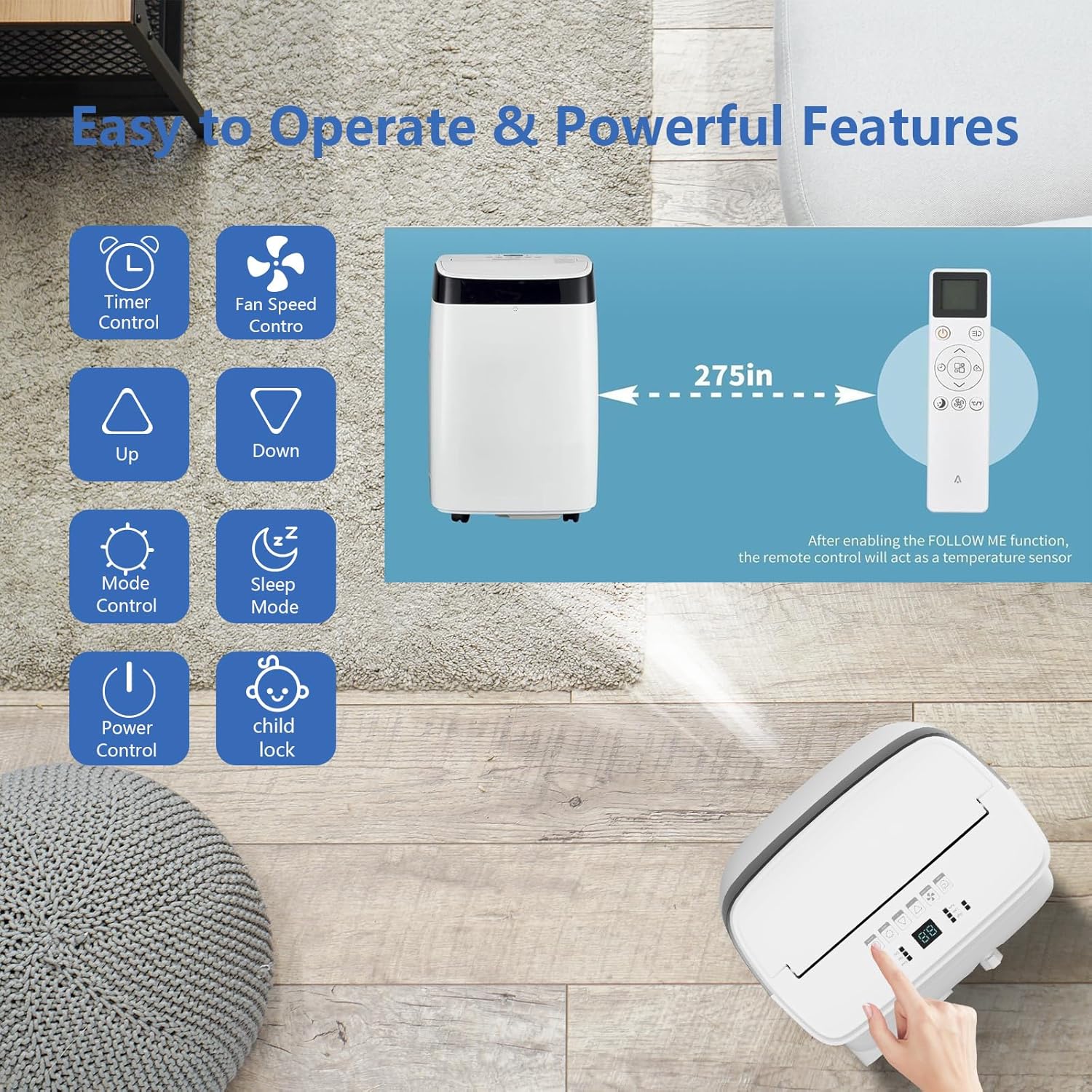 GarveeHome Portable Air Conditioner with Remote Control, 10000 BTU, 3 in-1 Quiet AC Unit, 3 Speeds, 24H Timer, Cools Room up to 450 Sq. ft, Multi-Function Modes, Smart Control Panel