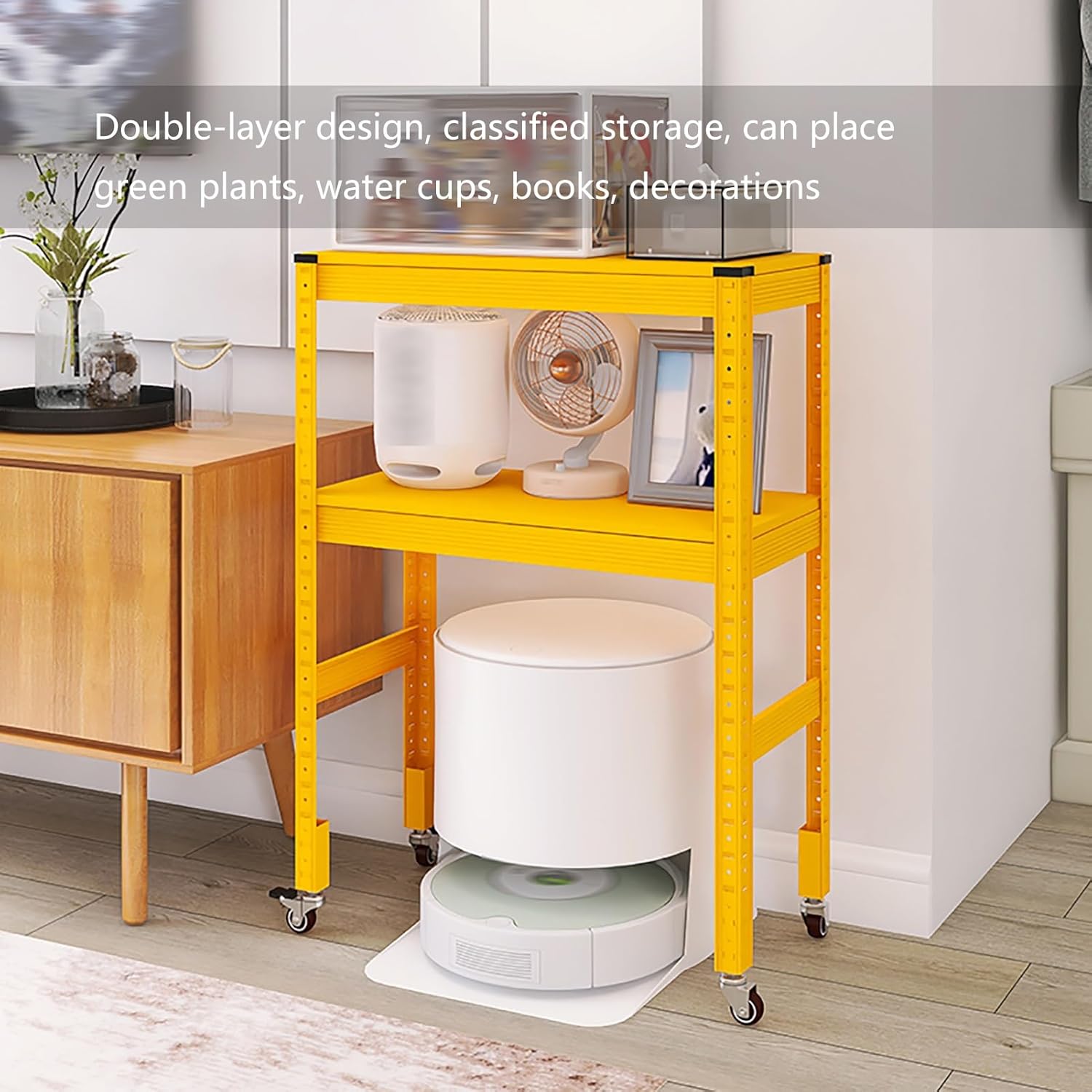 Generic Multi-layer Storage Rack, Sweeping And Mopping Robot Storage Rack, 33.5In High Movable Bottom Storage Rack, Home Living Room Trolley Decorative Storage Rack(Yellow)