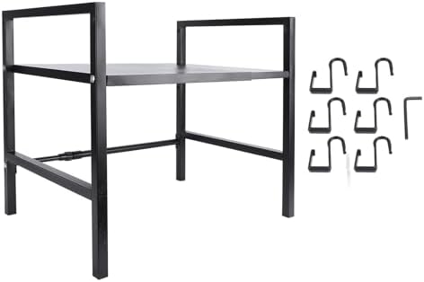 Microwave Oven Rack, Carbon Steel Shelf with 4 Hooks, Heavy Duty 198.4lb Capacity for Jars Utensils Storage