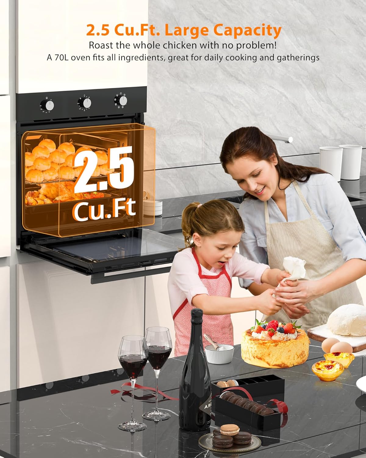 24 Inch Built-in Electric Single Wall Oven, 2.5 Cu.ft Stainless Steel Convection Oven with 8 Cooking Functions, Mechanical Knob Control, 500℉ Max Temperature, 3-Layer Tempered Glass Door, Easy to Clea