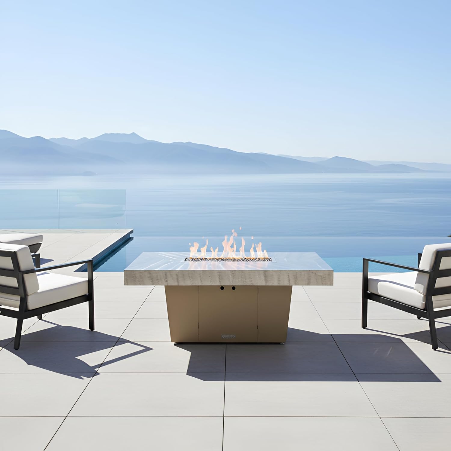 COOKE Palisades Rectangular Fire Pit Table - 52x36 - Chat Height - Propane - Brushed Aluminum Powdercoat Top with 6cm Edge - Beige Powdercoat Base