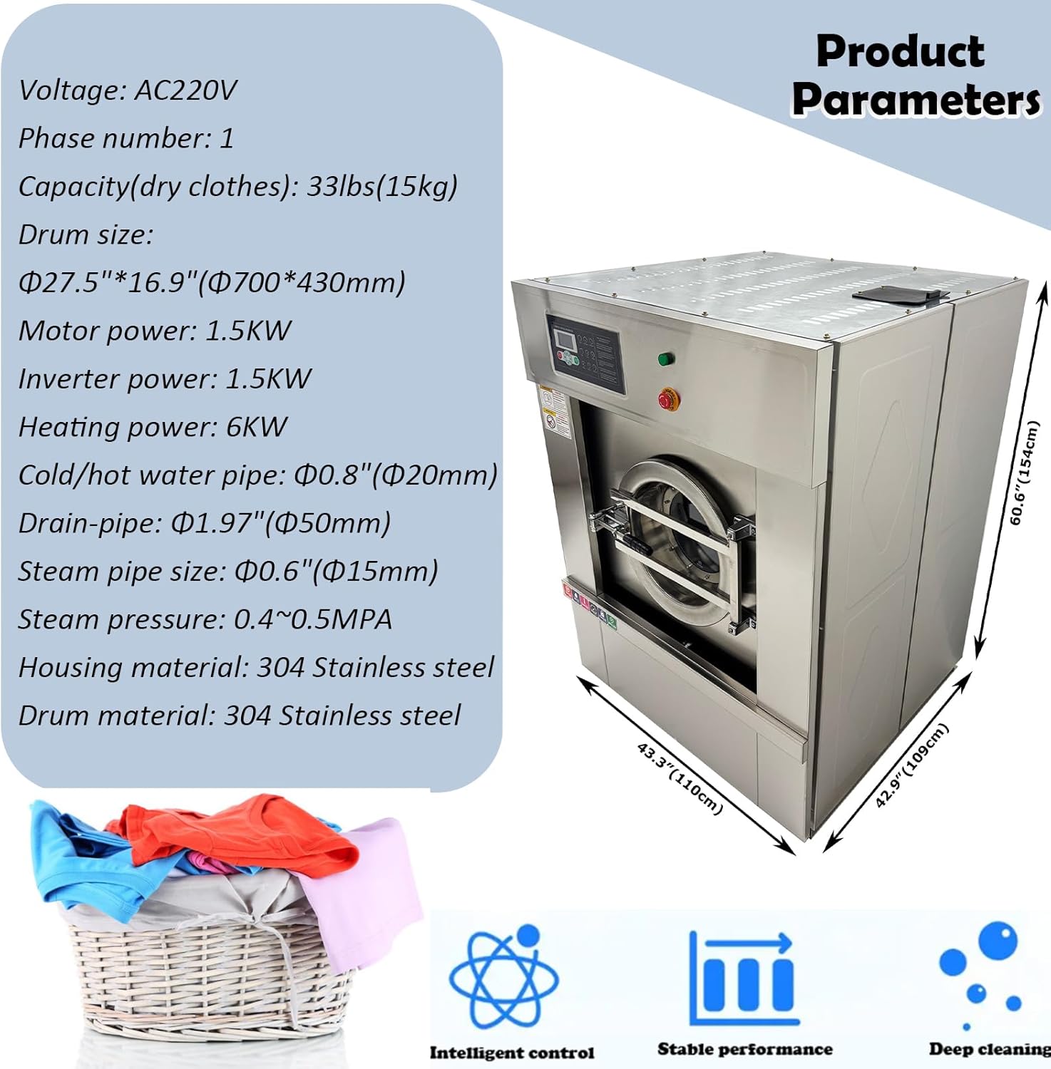 Industrial Laundry Washing Machine 33LBS Capacity Commercial Washer Cleaning Machine 2in1 Compact Laundry Washer Spinner for School, Hotel, Factory 220V 1PH