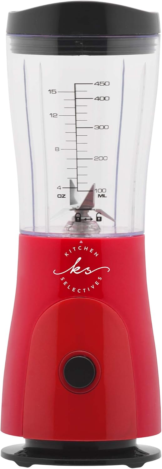 Kitchen Selectives 14-Ounce Mini Blender Color Series - Personal, Portable Blender for Fruit Smoothies & More - With Powerful Stainless Steel Blade & Drink Lid - Red