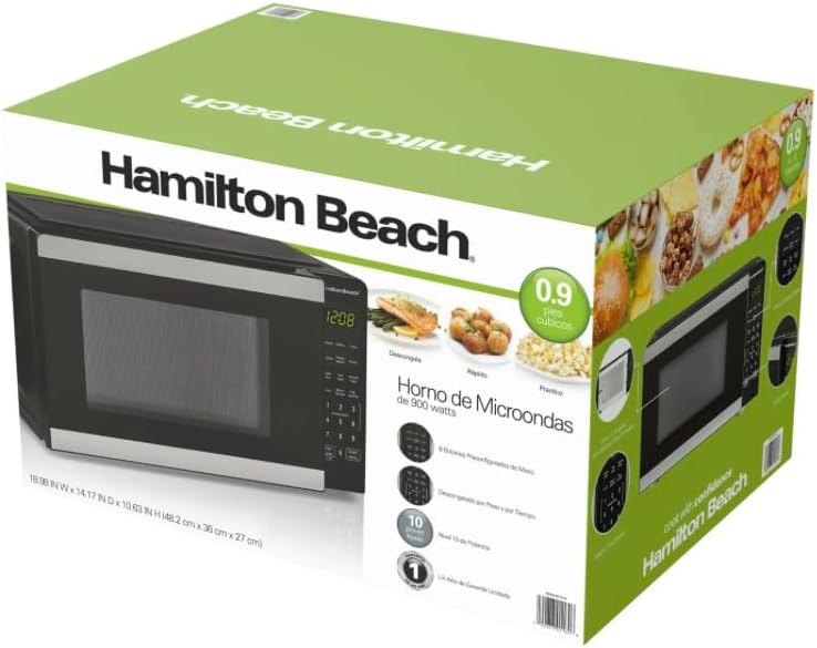 Hamiilton 0.9 Cu ft Countertop Microwave Oven, 900 Watts, Stainless Steel, New