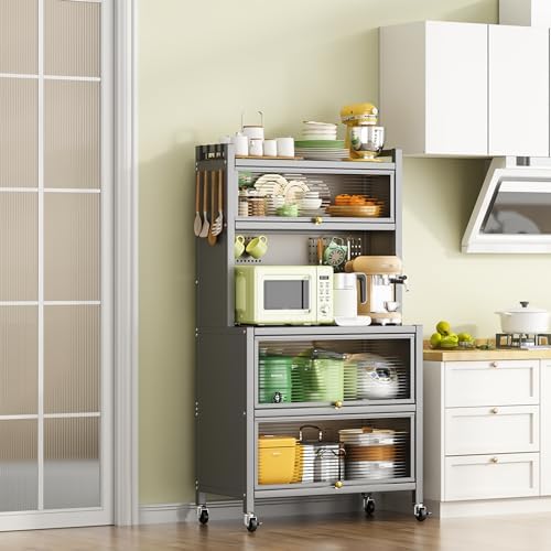 65'' Kitchen Pantry Storage Cabinet, Storage & Microwave Oven Countertop, Pantry Cabinets with 3 Doors and 4 Layers Hole Plate Versatile Storage for Kitchen, Living Room, Dining Room