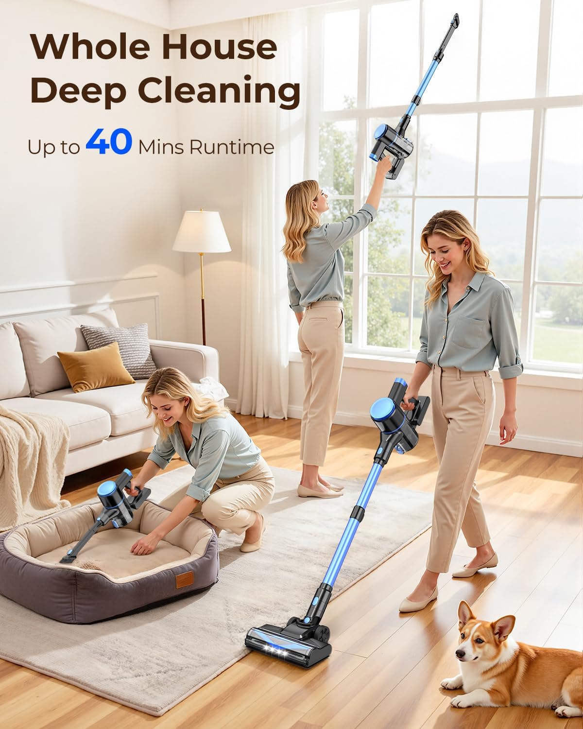 N8 Cordless Vacuum Cleaner, Lightweight Stick Vacuum with Powerful Suction, 2200mAh Battery, 40 Mins Runtime, Self-Standing, Rechargeable Vacuum Cleaners for Home Hardwood Floor Carpet Pet Hair