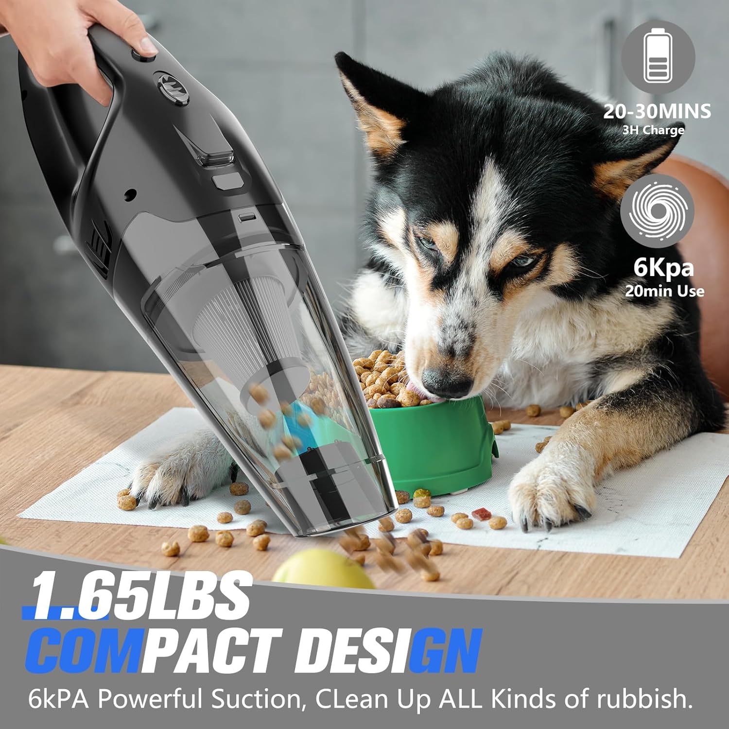 Handheld Vacuum Cordless Rechargeable 3-in-1, Car Vacuum Portable Cordless with USB Charge, Handheld Vacuum with LED Light, HEPA Filter, 1.65LBs Lightweight Vacuum Cleaner for Dust, Pet Hair