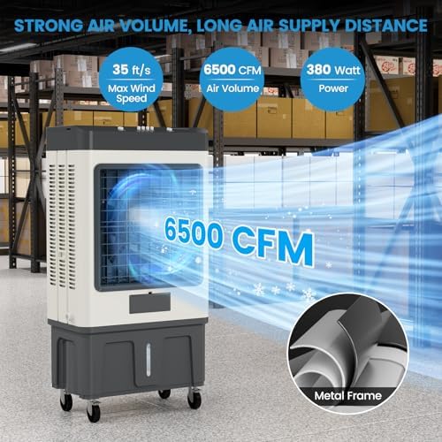 Zynkez 19Gal Large Swamp Cooler, 6500 CFM Evaporative Air Cooler for Outdoor with 3-Speed, 8 Ice Packs, 120° Oscillating Portable Swamp Cooler Air Conditioner for Garage, Patio, Yard, Factory