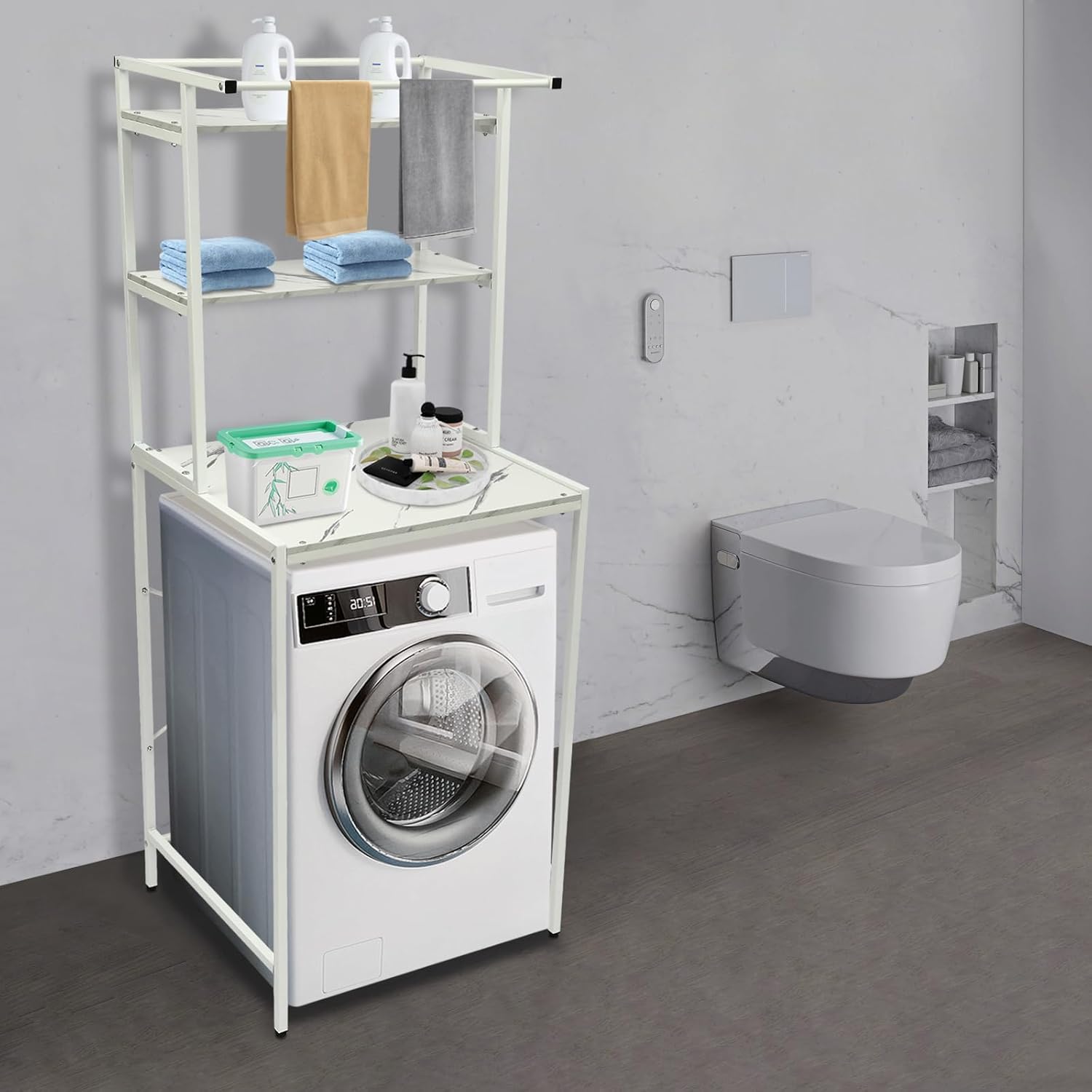 Over Washer and Dryer Storage Shelves, 3-Tier Freestanding Washing Machine Organizer Shelf with Drying Rack for Laundry Room Bathroom Garage, W27.2*D23.6*H69.5in (White & Marble)