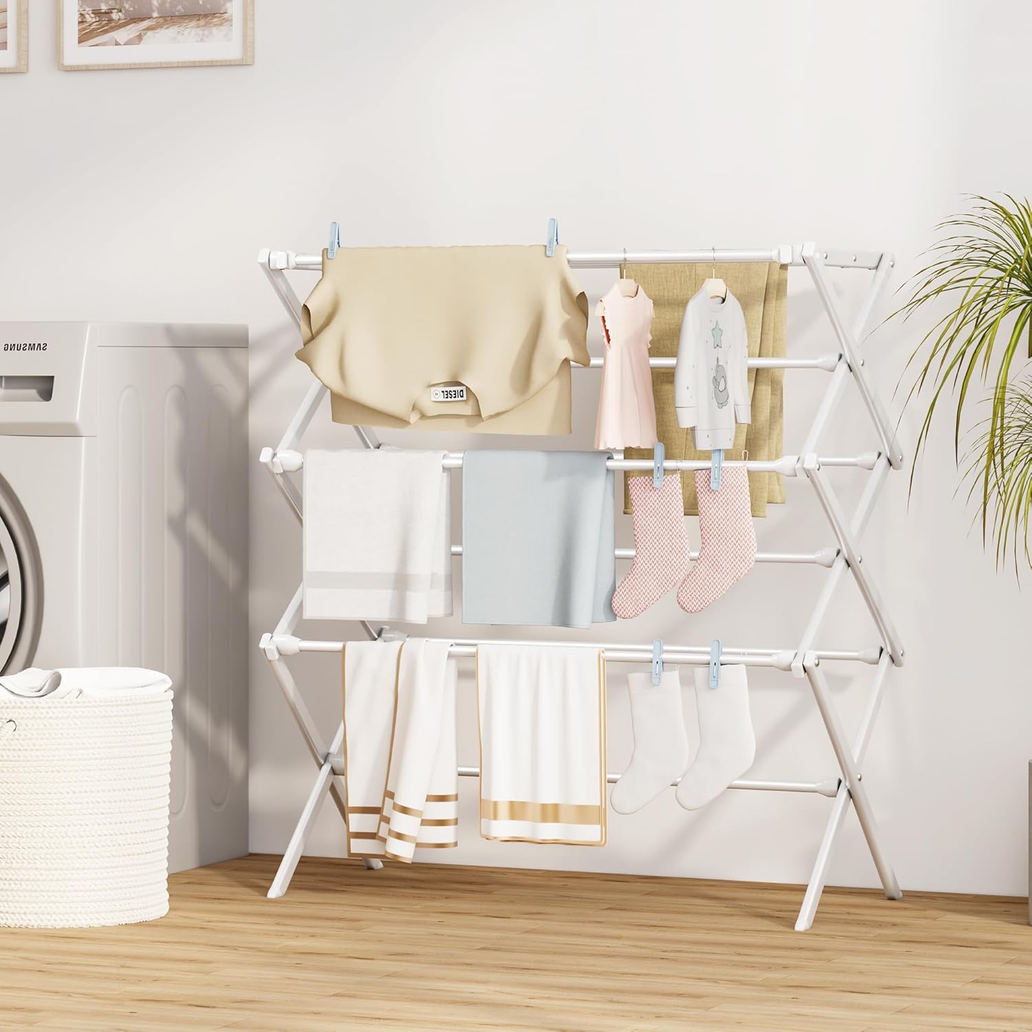 Homeiju Foldable Clothes Drying Rack for Laundry, Heavy Duty Drying Rack Clothing, Collapsible Folding Laundry Dryer, Easy Assembly, Space Saving Household Indoor Outdoor Use, White