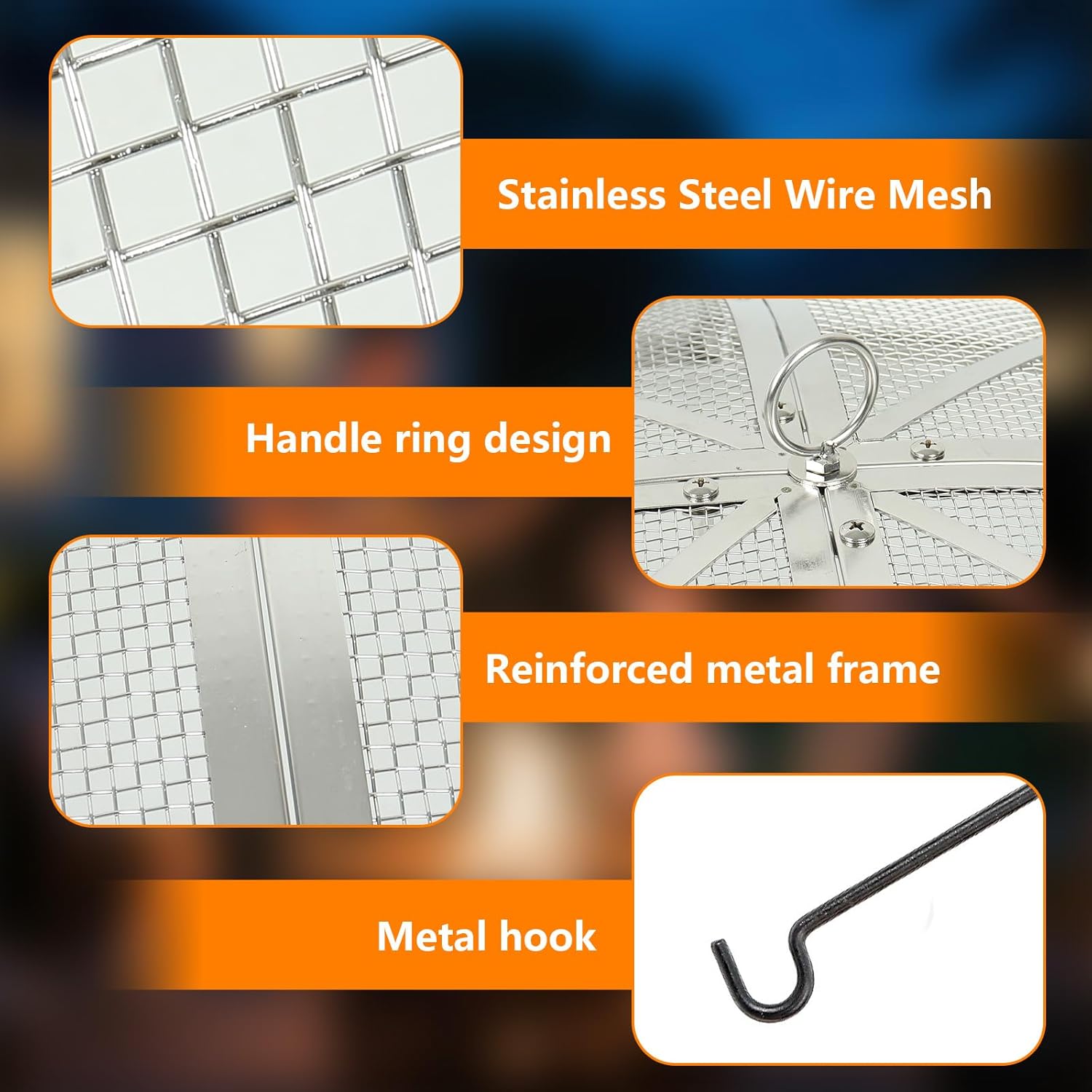 40 Inch Fire Pit Spark Screen,Stainless Steel Fire Pit Screen Cover with Handle&Poker,Outdoor Fire Pit Screen Cover Round Mesh Lid Heavy-Duty for Backyard/Beach/RV Camping