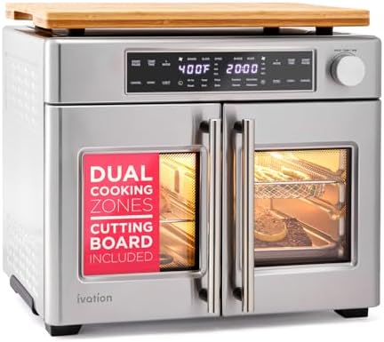 Ivation Dual Zone Air Fryer French Door Oven - 32 Quatity Convection Toaster Combo, 10-in-1 Multifunction Up to 450° - 1800W - Temperature Control, Timer - Stainless Steel - Dehydrate, Bake, Roast