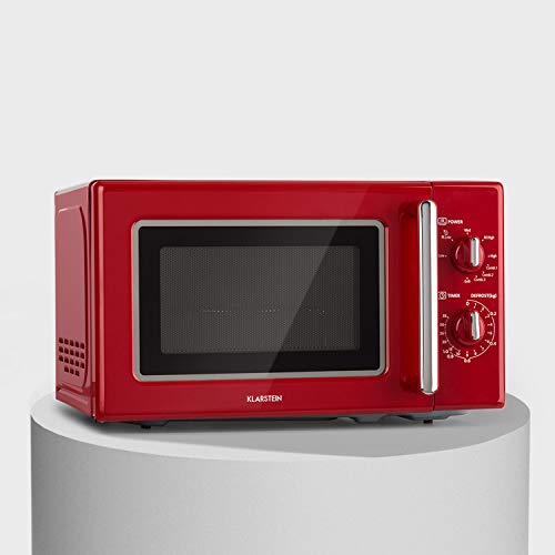 Klarstein Caroline - Freestanding Microwave Oven, 20L, 700/1000 W, Ø25.6 cm, 5 Power Levels, 3 Combined Functions, Stainless Steel Interior and Case, Retro Look, Red