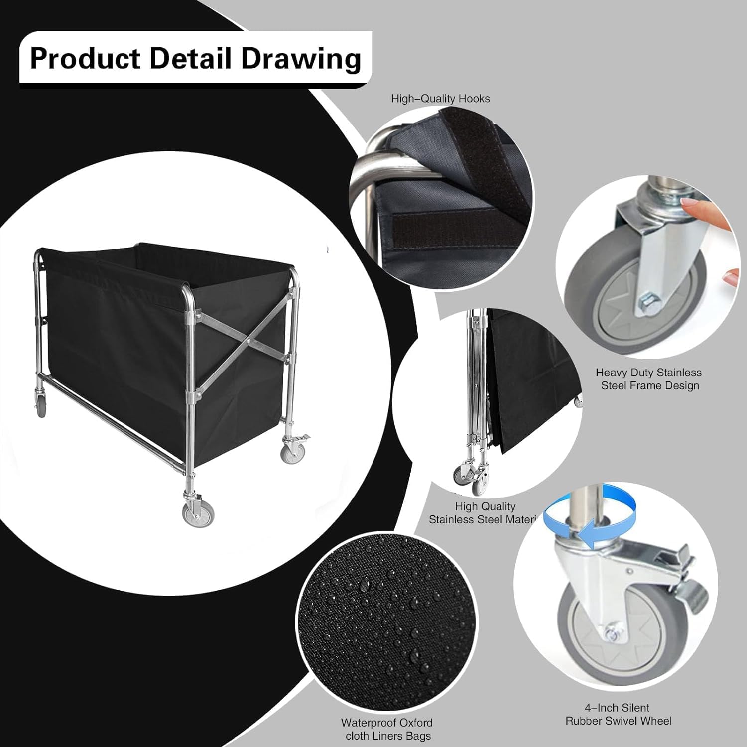 Commercial Laundry Cart with Wheels Heavy Duty Collapsible Laundry Cart, 12 Bushel Industrial Rolling Baskets Trucks with Steel Frame and Waterproof Oxford Cloth, for Home Organizer Storage