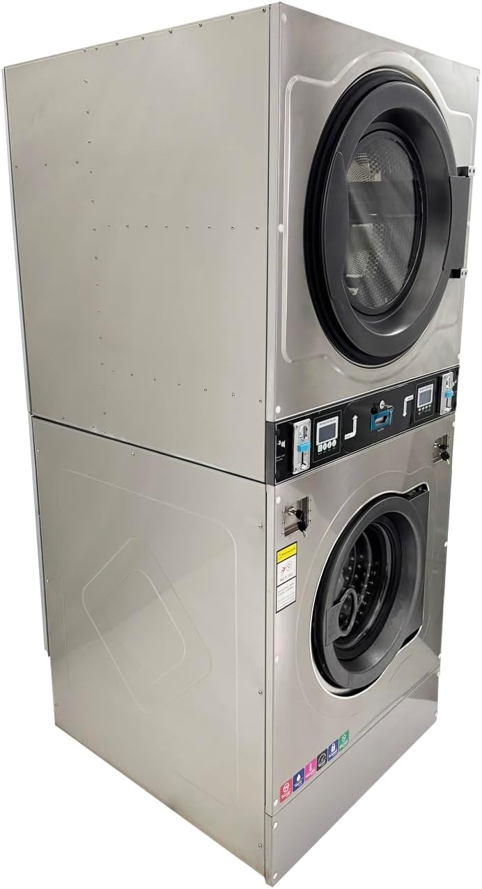 Coin Operated Washer Dryer Combo Commercial Stacked Washing Drying Machine for Laundromats Apartment Laundry Rooms Hotels 12kg Dry Clothes Capacity 220V 1PH